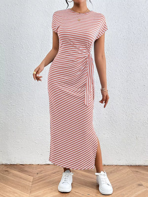 Pink striped midi dress with tie-side detail and thigh slit