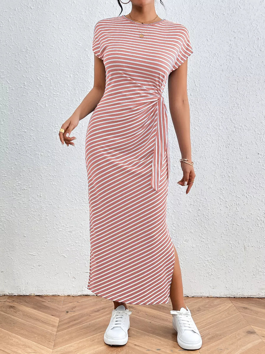 Pink striped midi dress with tie-side detail and thigh slit