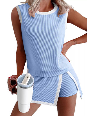 Light blue ribbed knit tank top and skort set with white trim