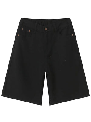 Black textured denim bermuda shorts with a wide leg and casual fit.