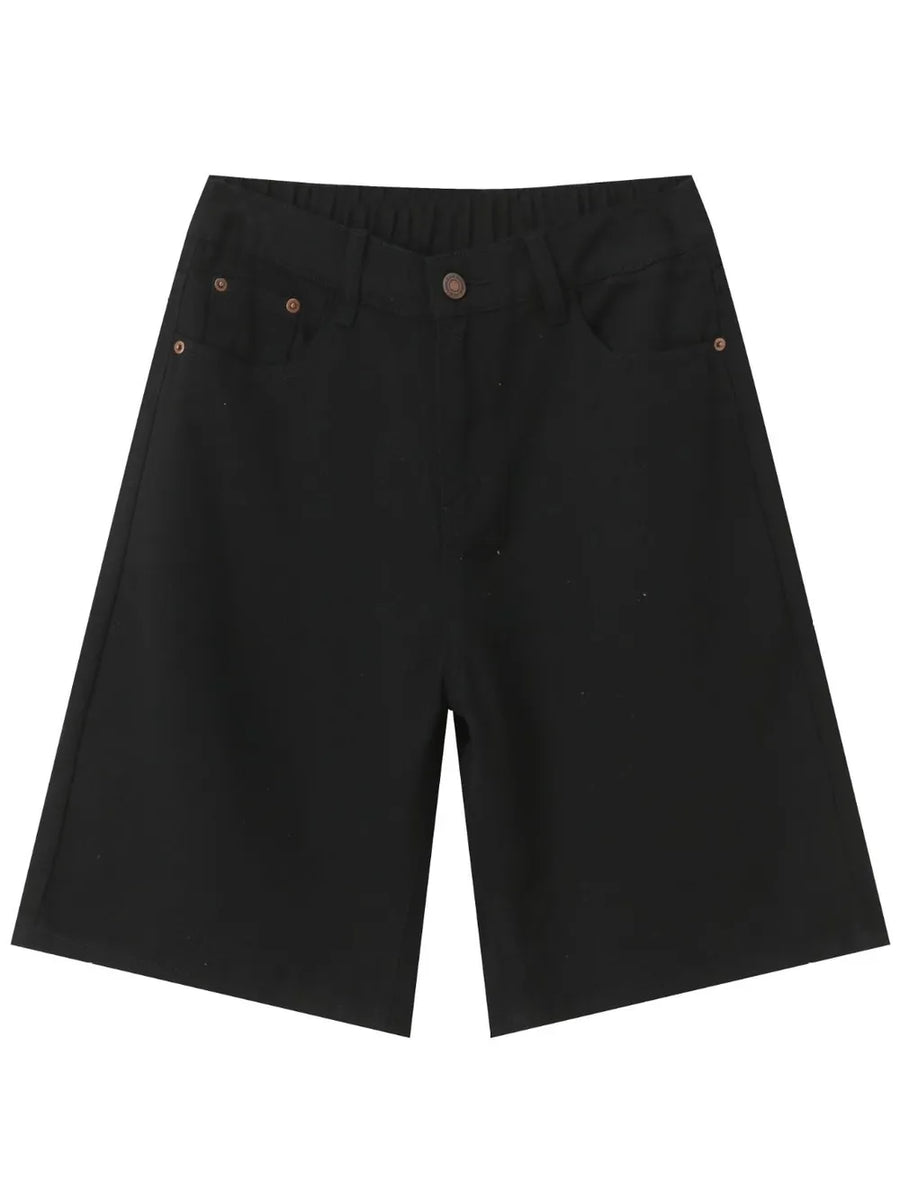 Black textured denim bermuda shorts with a wide leg and casual fit.