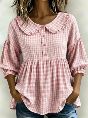 Purple Full Size Gingham Peter Pan Collar Blouse Plus Size