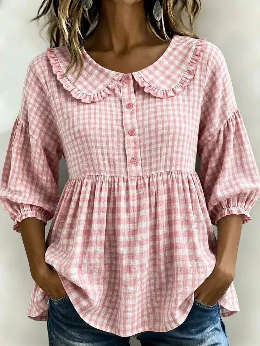 Purple Full Size Gingham Peter Pan Collar Blouse Plus Size