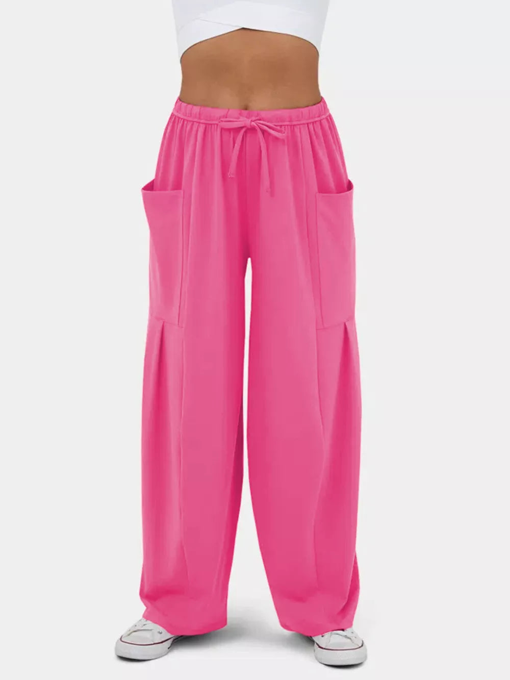 Rose Red maternity pants with adjustable drawstring waist and wide legs.