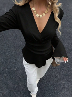Apricot fitted wrap top with v-neck