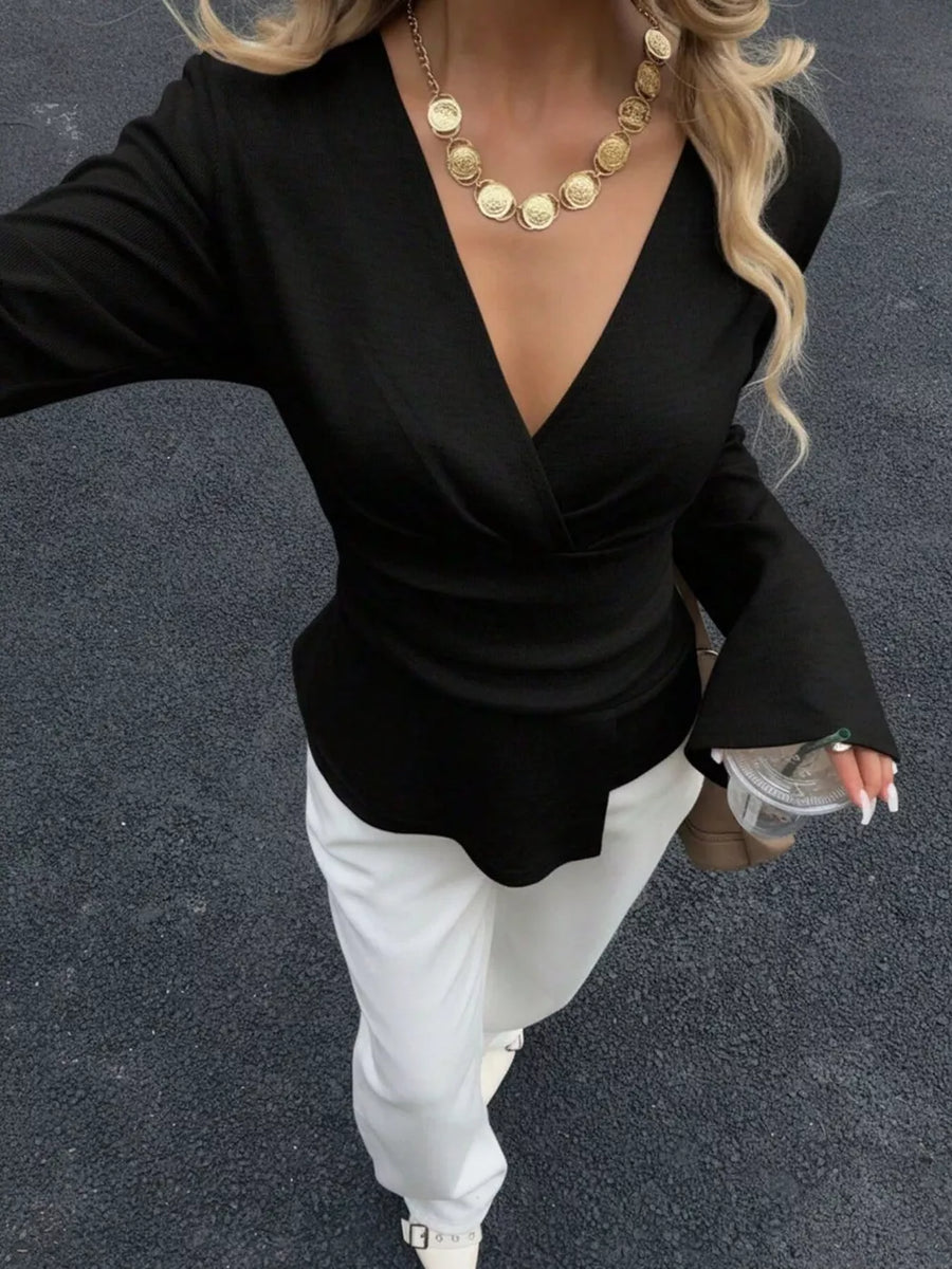 Apricot fitted wrap top with v-neck