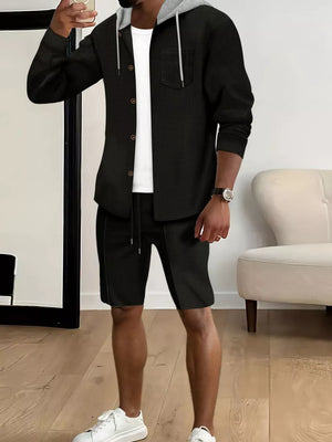 Men's Casual Hooded Button-up Shirt And Shorts Set in Grey