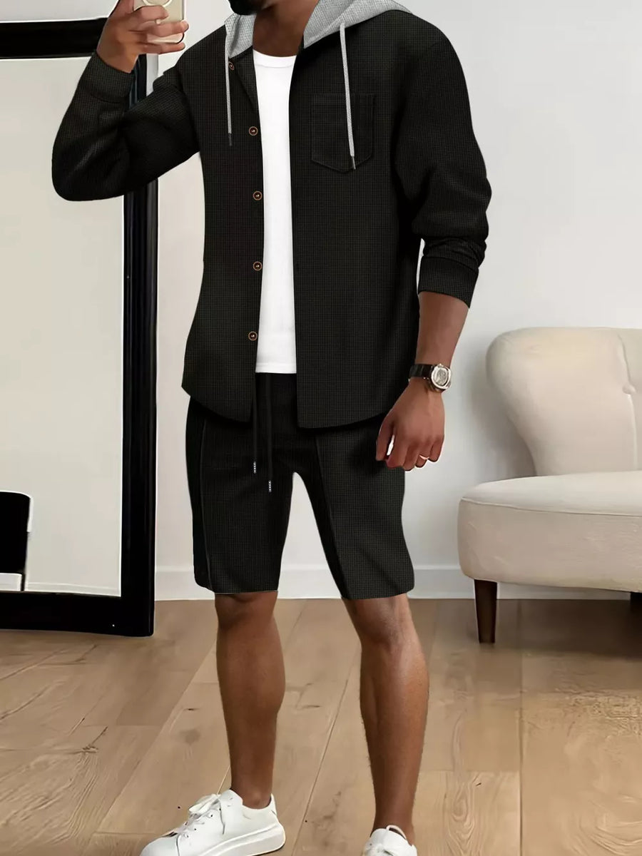 Men's Casual Hooded Button-up Shirt And Shorts Set in Grey