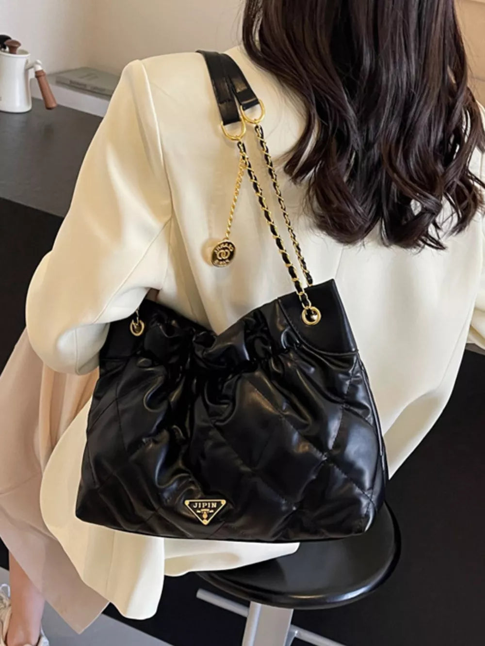 Black with Ruched Leather Shoulder Bag in Black