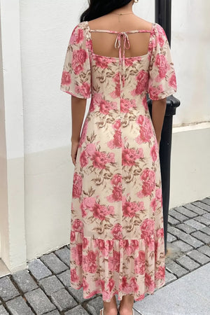 Charming floral midi dress with flutter sleeves and a tie-back square neck.