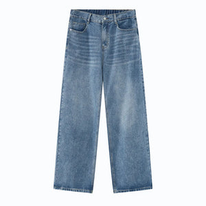 Light blue wide-leg denim jeans with a relaxed fit and modern styling.