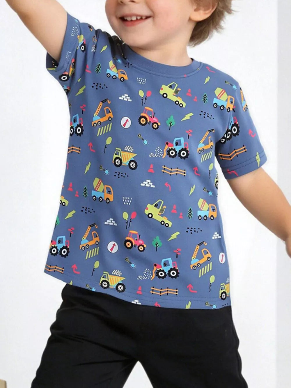 Blue cotton t-shirt with playful construction vehicle print for babies and kids.