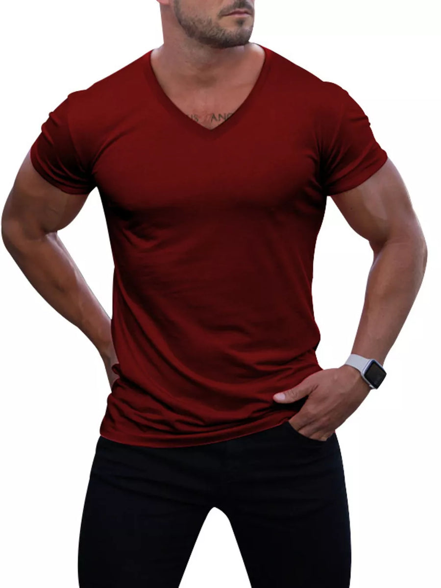 Men's Full Size V-neck Slim Fit Casual T-shirt in Light Gray