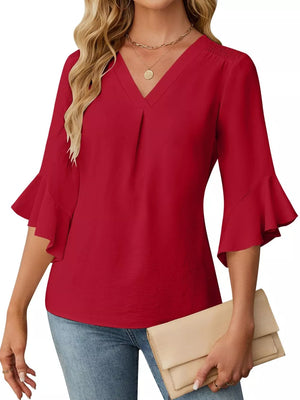 Red V-neck ruffle sleeve blouse with pleated front detail.