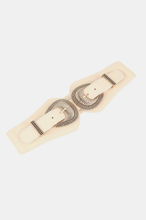 Cream corset belt with double ornate silver buckles and faux leather straps.