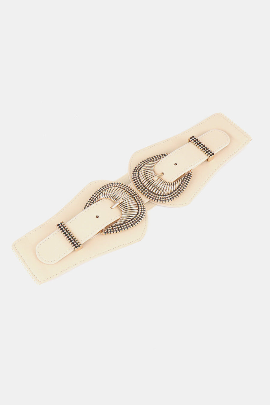 Cream corset belt with double ornate silver buckles and faux leather straps.