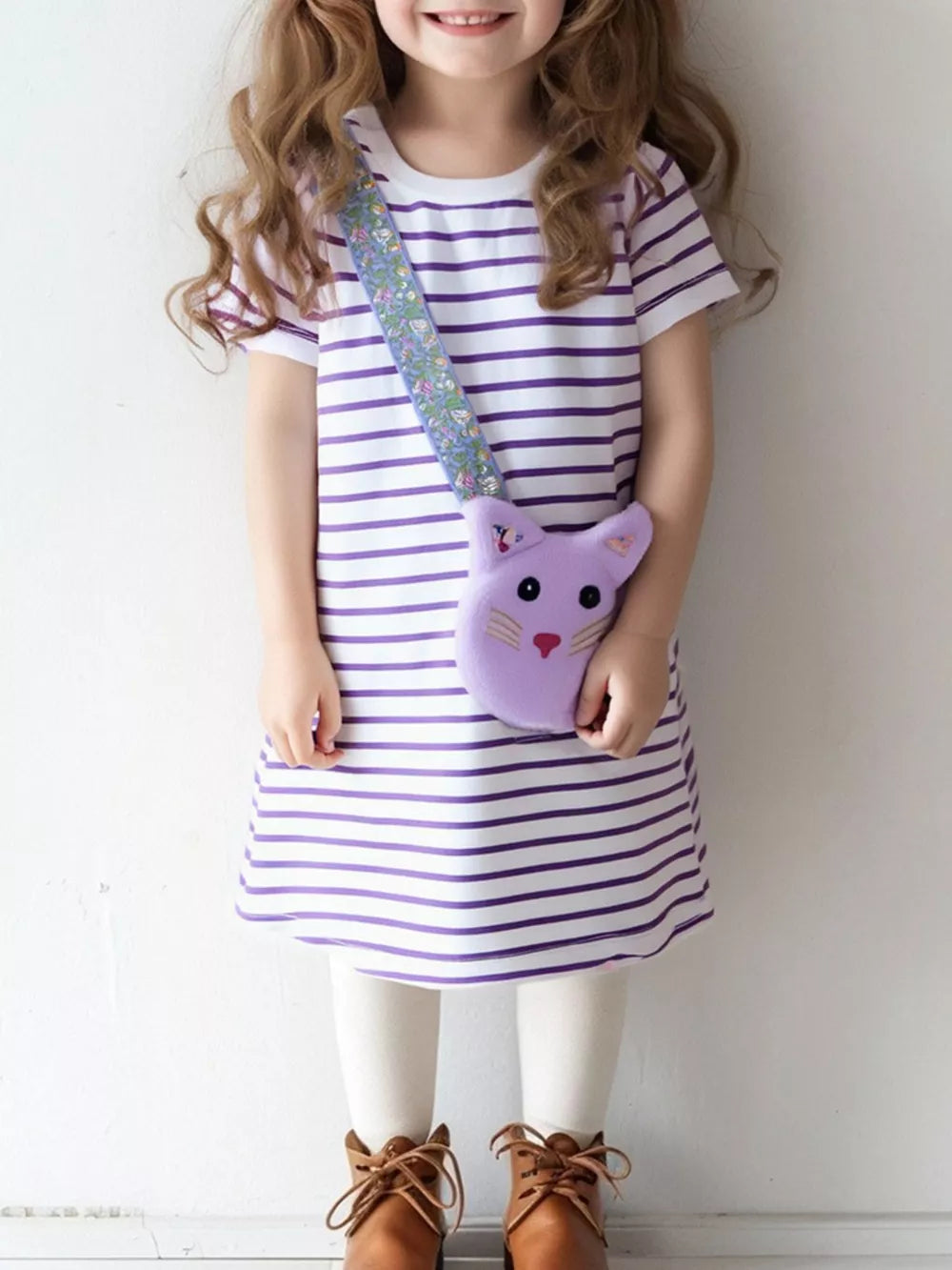 Baby girl's purple and white striped cotton dress with a playful cat crossbody bag.