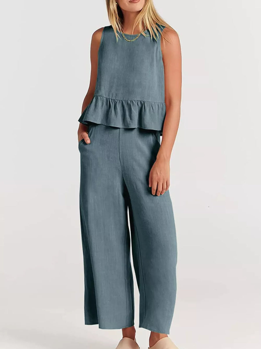 Black Ruffled Hem Sleeveless Top And Wide-leg Pants Set Plus Size