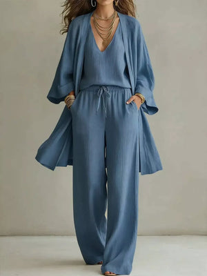 Blue linen blend 3-piece set with V-neck cami, wide-leg pants, and open-front kimono jacket.