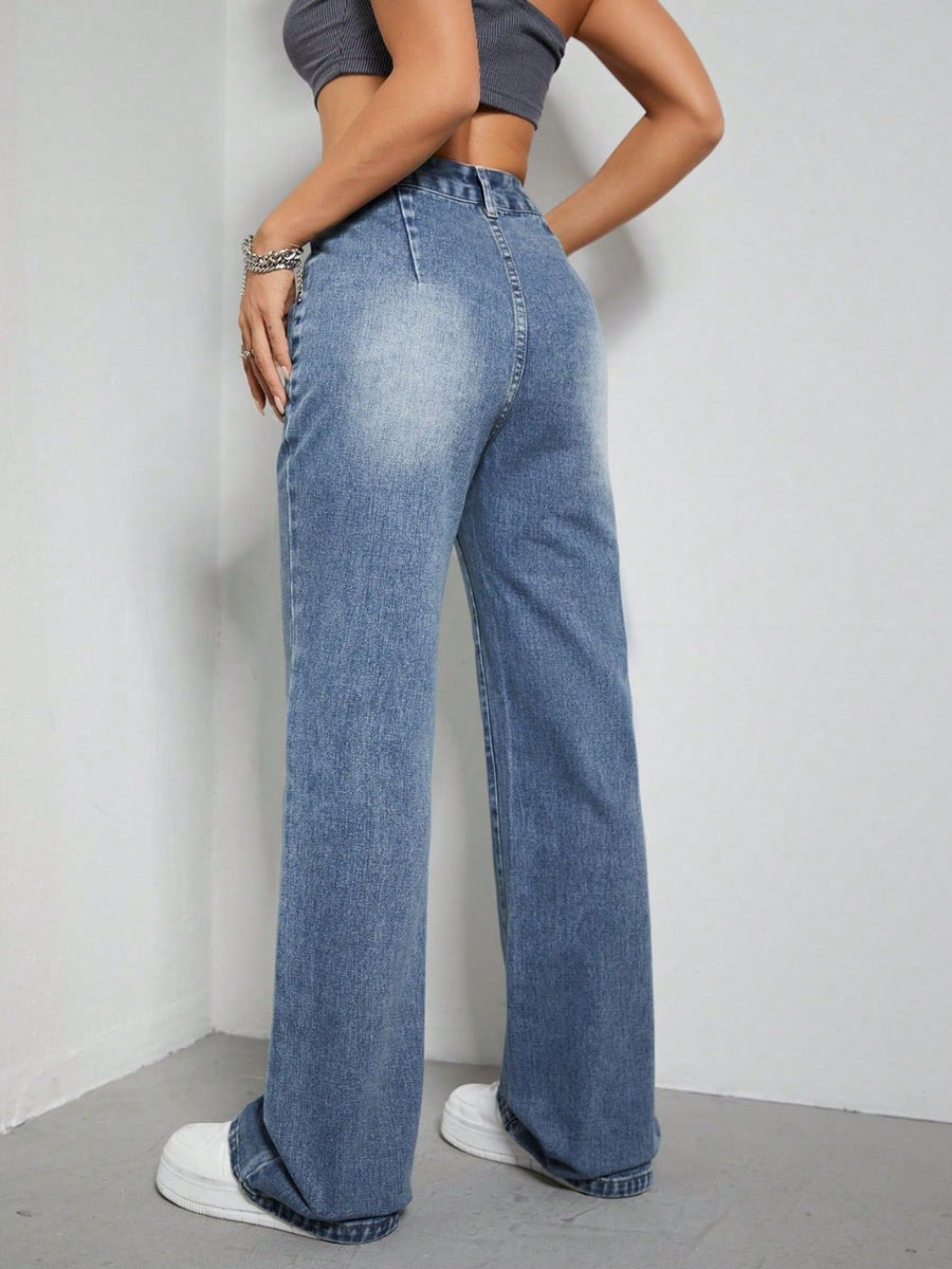 Medium wash denim wide-leg jeans with a relaxed fit and utility pockets.