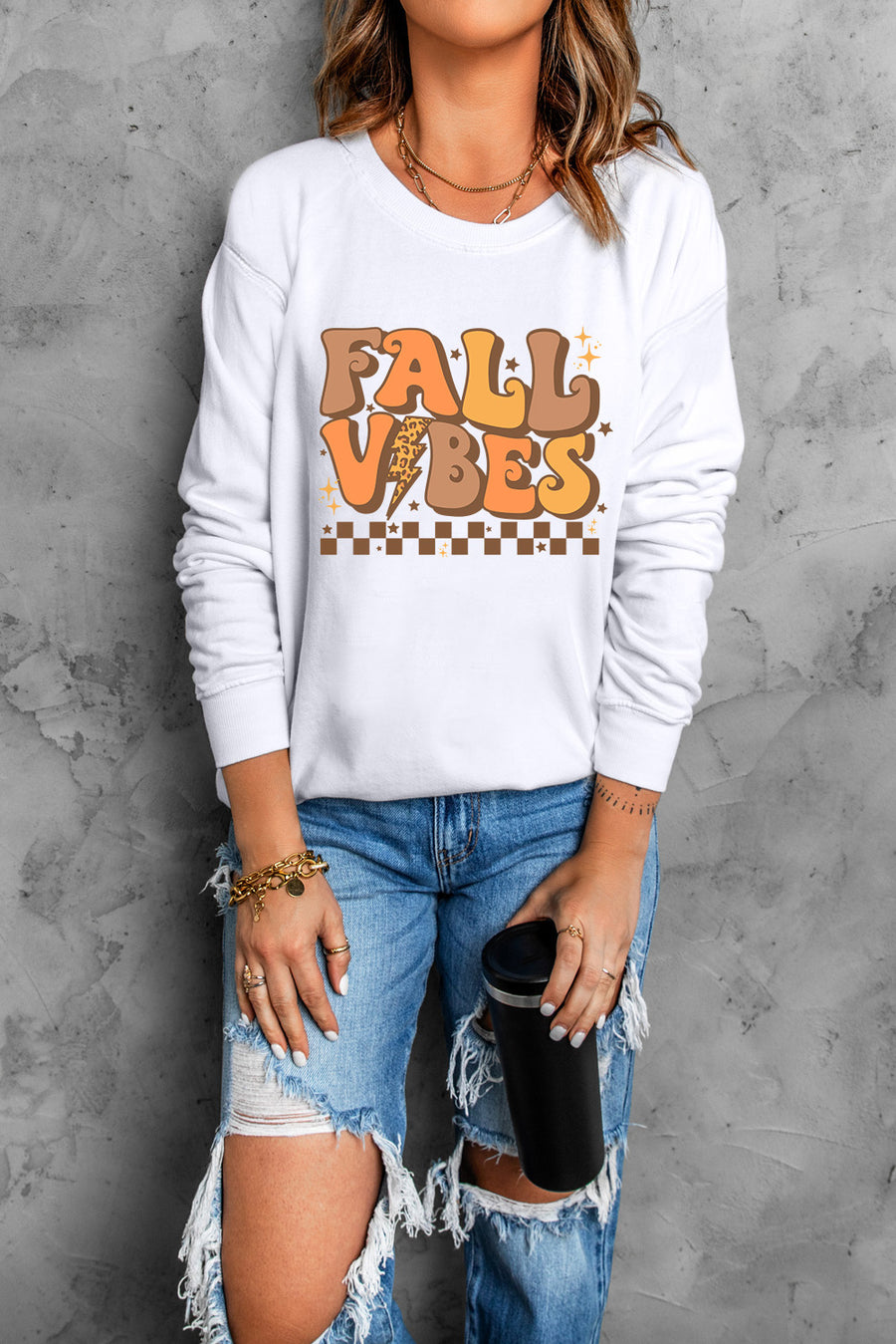 Vonili Fall Vibes graphic crewneck sweatshirt in white