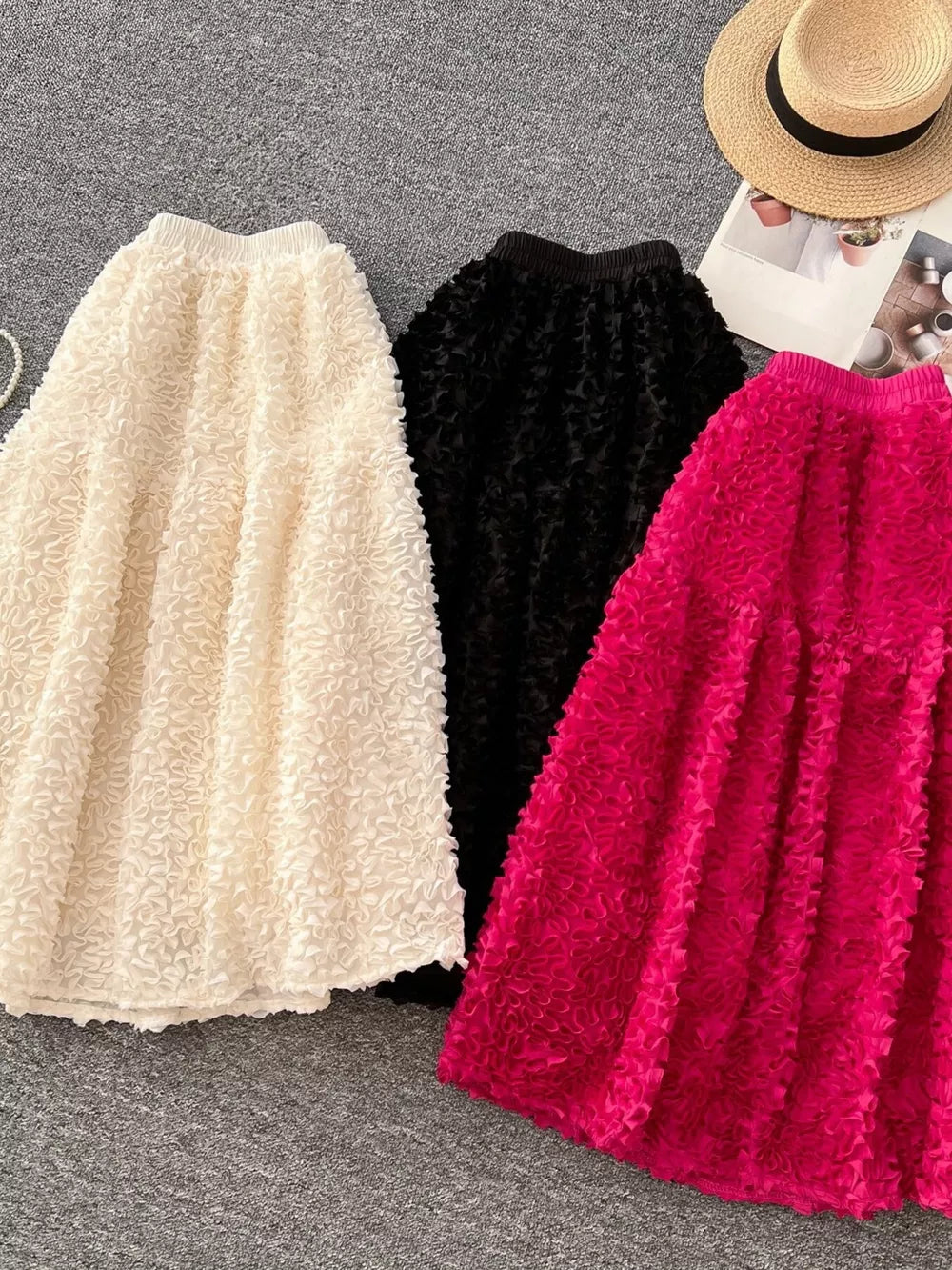 Elegant 3d Lace Trim High-waist Midi Skirt in Rose Red