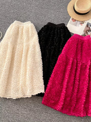 Elegant 3d Lace Trim High-waist Midi Skirt in Rose Red