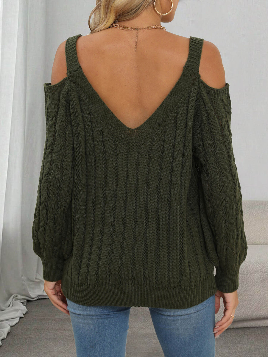 Floral Applique Cold Shoulder Cable Knit Sweater in Military Green with applique