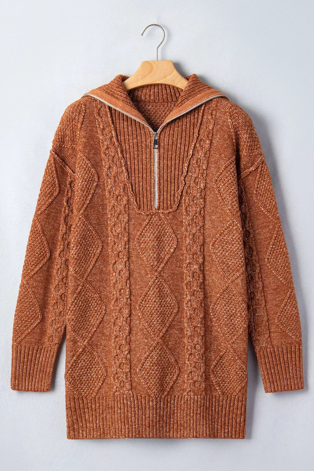 rust sweater dress with zipper and long sleeve
