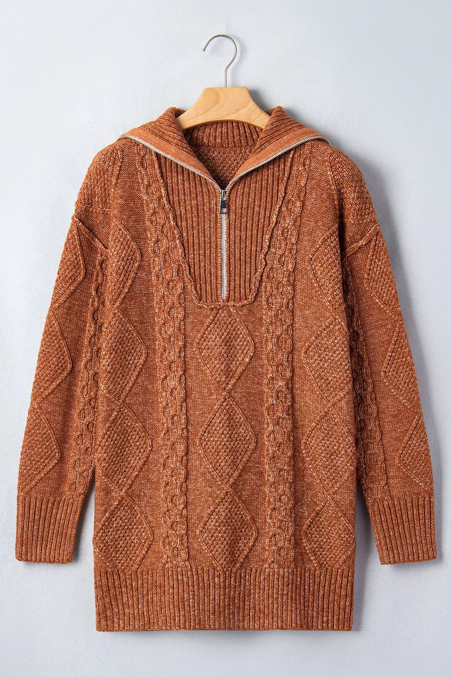 rust sweater dress with zipper and long sleeve