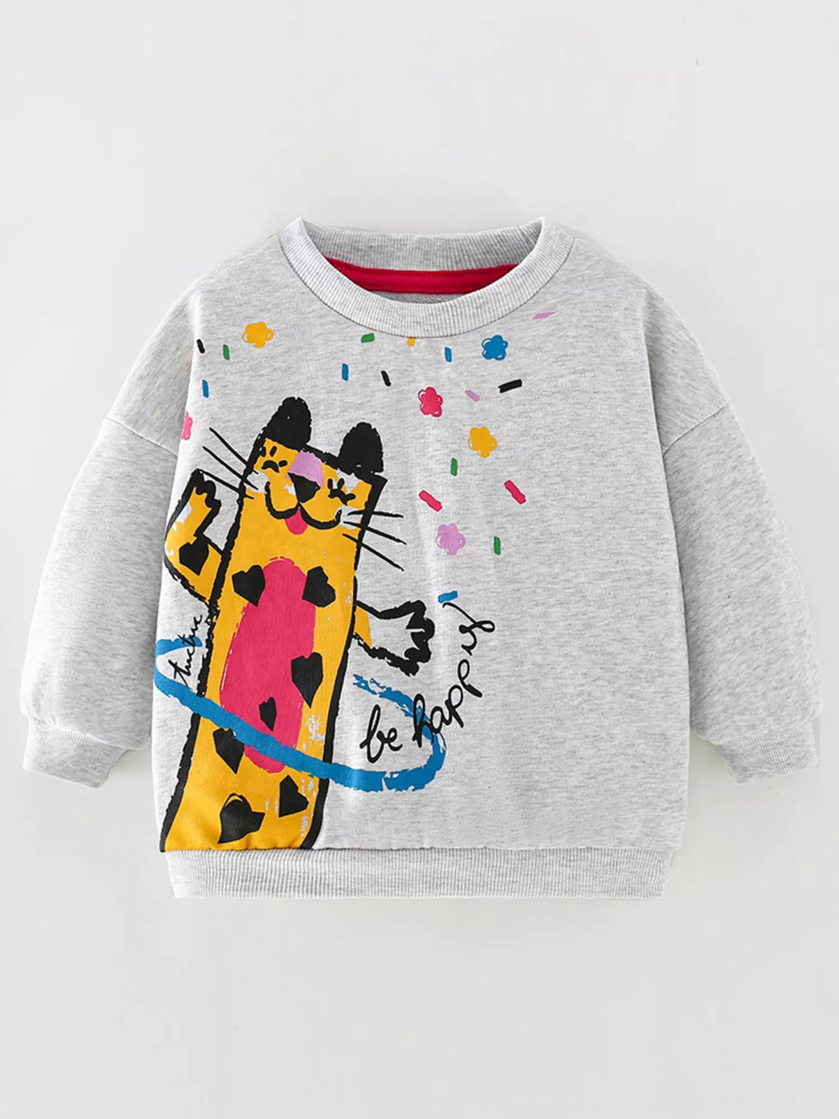 Kids light gray cotton crewneck sweatshirt with a cartoon cat graphic and confetti.