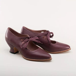 Burgundy leather lace-up Mary Jane heels with pointed toe and cut-out detail