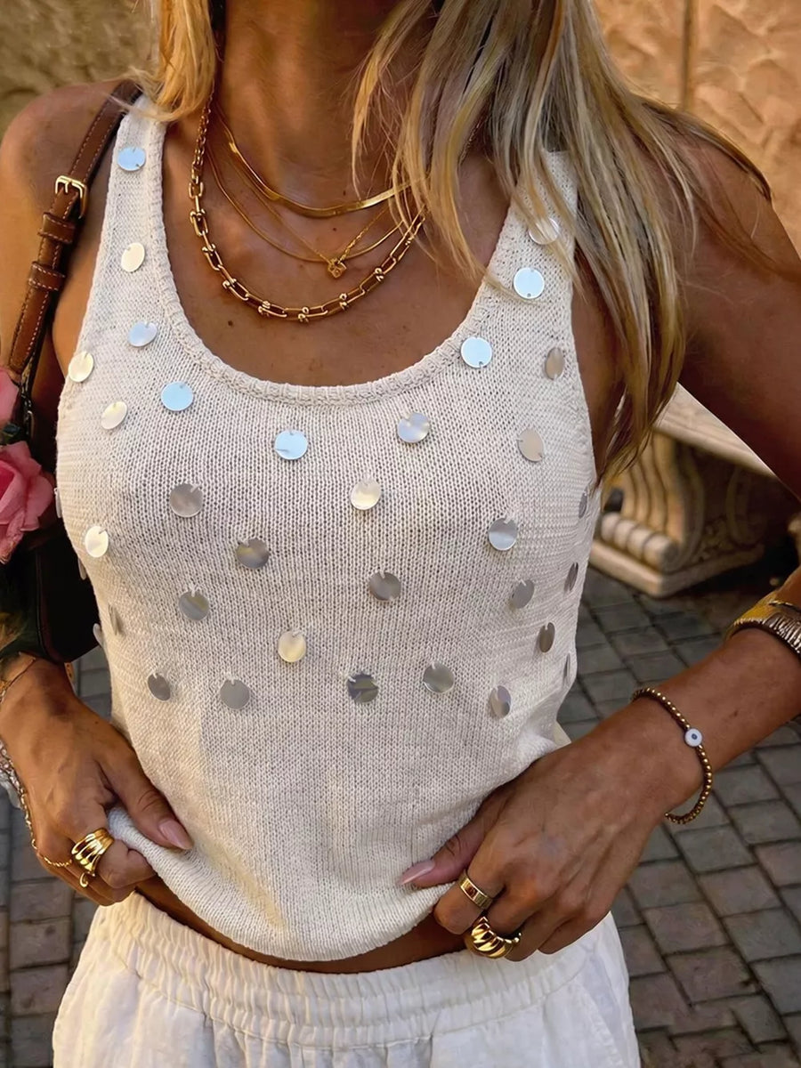 Beige with Sequin Scoop Neck Tank