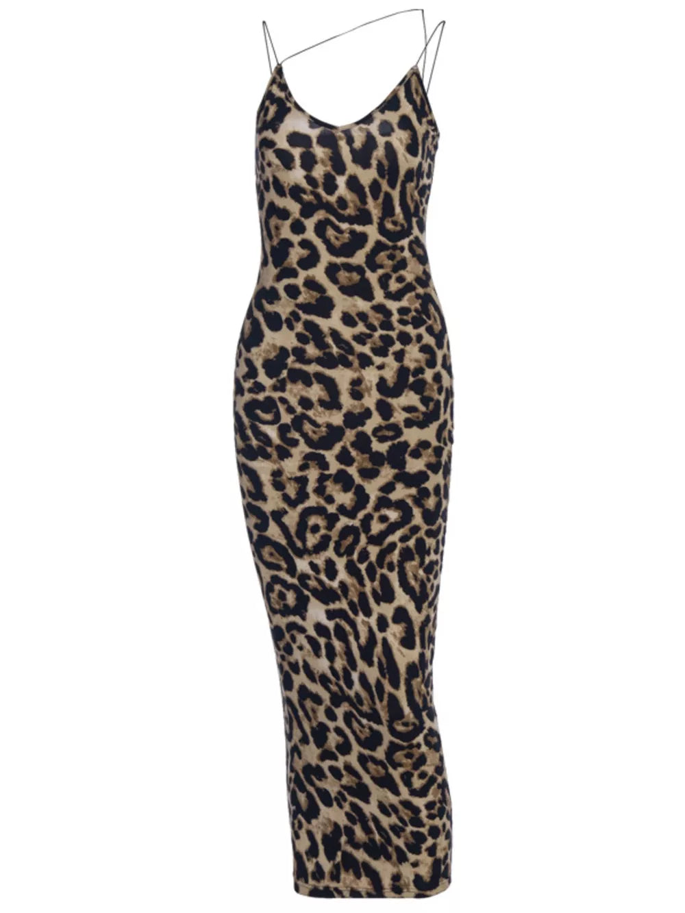 Leopard print midi dress with spaghetti straps and deep V-neck.