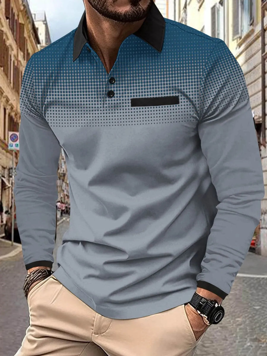 Men's long sleeve polo shirt with gradient dot print and chest pocket.