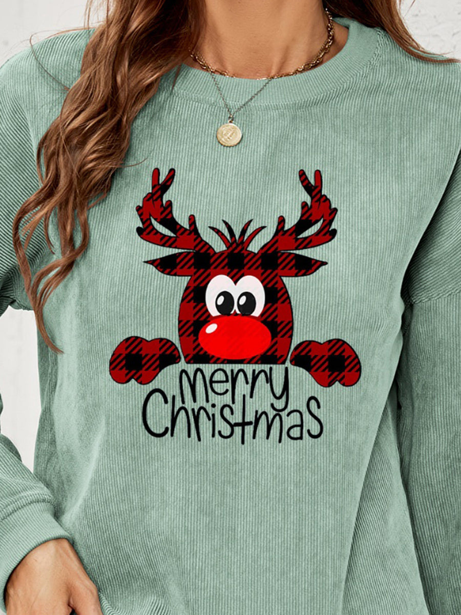 Sage corduroy sweatshirt with a plaid reindeer graphic and Merry Christmas text.
