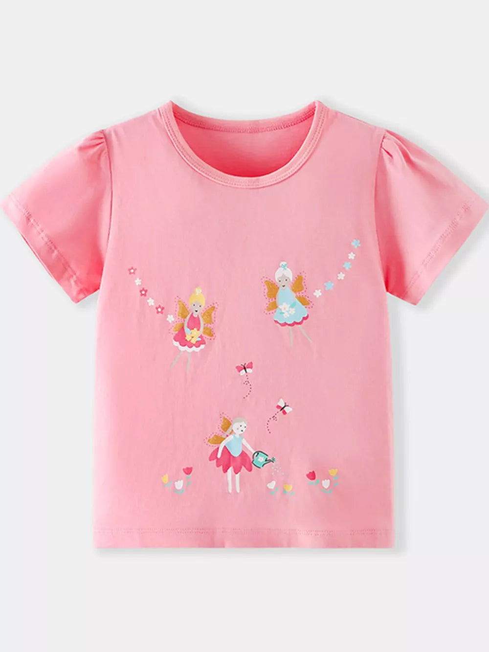 Pink cotton t-shirt with whimsical fairy print and puff sleeves.