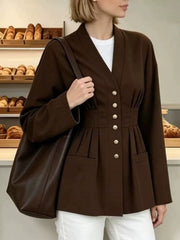 dark brown blouse with hip-length and button-front