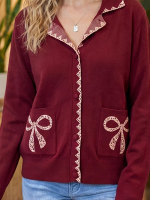 burgundy cardigan with hip-length and button-front