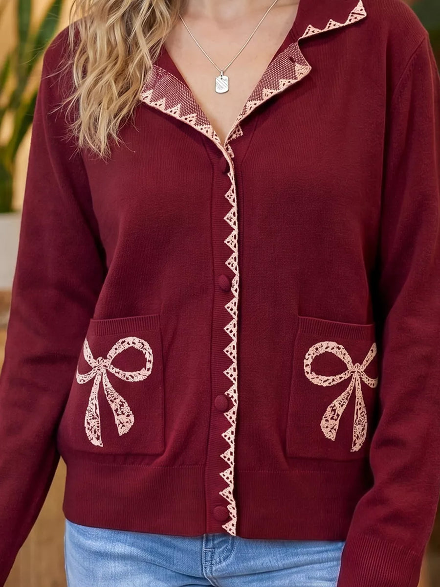 burgundy cardigan with hip-length and button-front