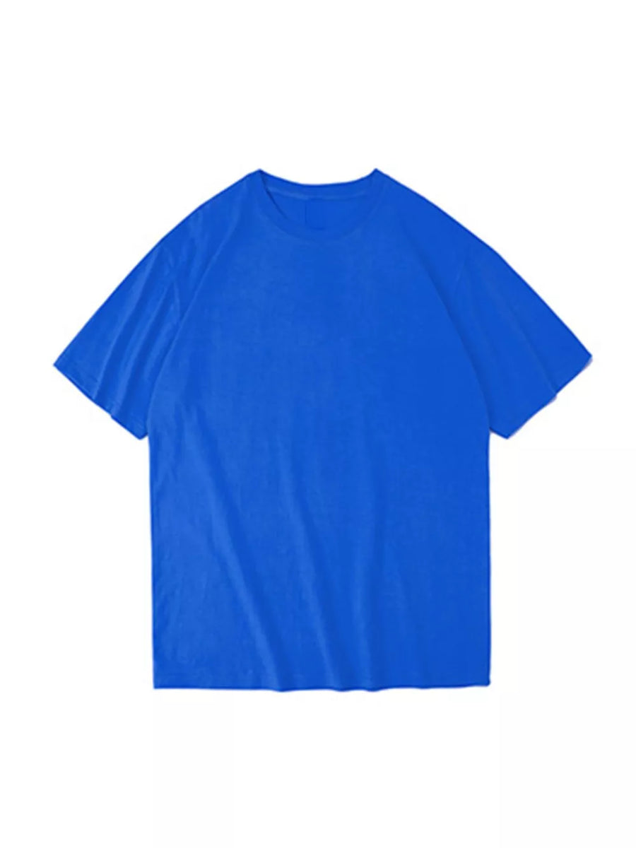 Blue 100% cotton crew neck t-shirt with short sleeves.
