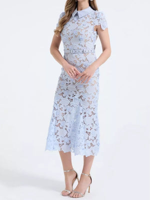 Sky blue floral lace midi dress with belt and collar