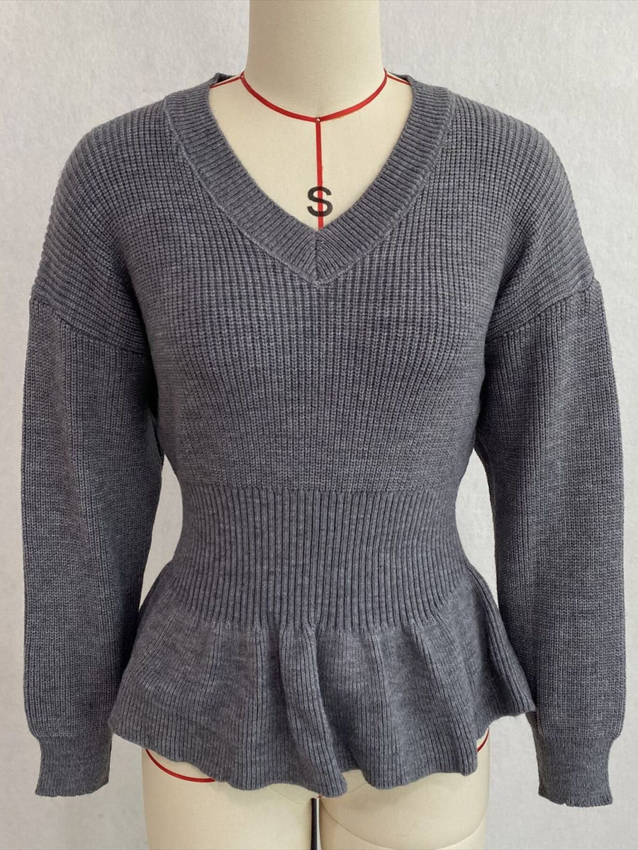 V-Neck Peplum Hem Ribbed Knit Top in Gray with peplum