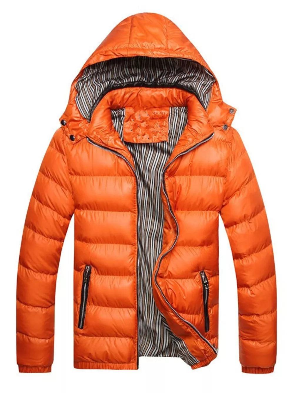 Orange hooded puffer jacket for men with striped lining and zip pockets