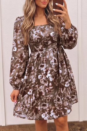 Brown Abstract Floral Print Square Neck Mini Dress