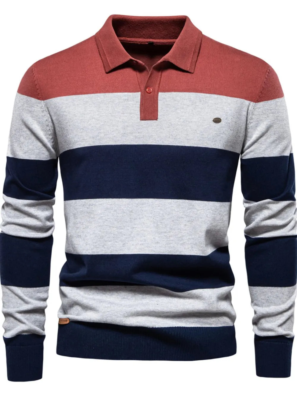 Colorblock knit polo with ribbed collar in coral, gray, and navy stripes.