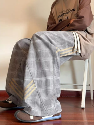 Black Men's Plaid Wide-leg Sweatpants With Side Stripes