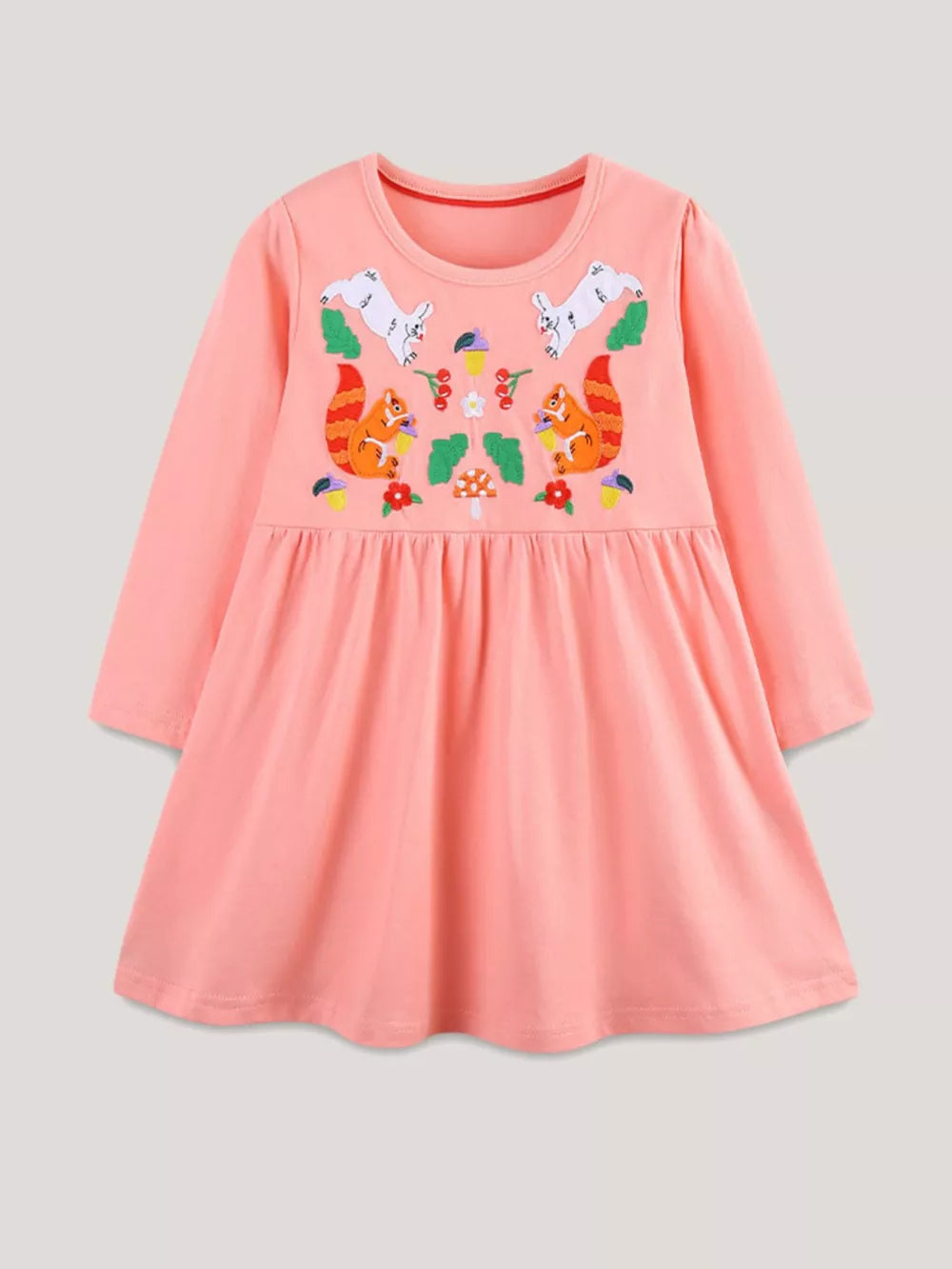 Pink cotton toddler dress with playful squirrel and bunny embroidery, long sleeves, and gathered skirt.