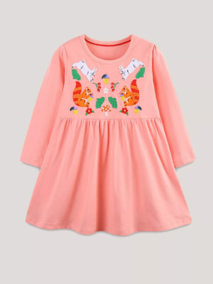 Pink cotton toddler dress with playful squirrel and bunny embroidery, long sleeves, and gathered skirt.