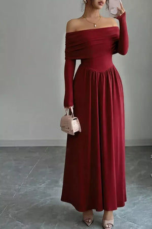 scarlet red maxi dress with stretch and long sleeve